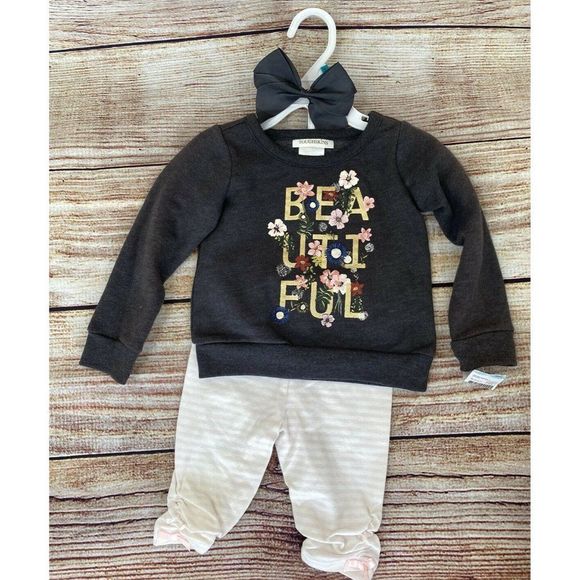 COPY - Toughskins Infant Girl 3 PC Set  Sweater Shirt Gray Leggings Hair Bow/ P… - Picture 1 of 10